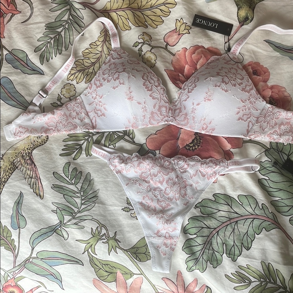 Lounge White and Pink Lace Bra and Thong Set